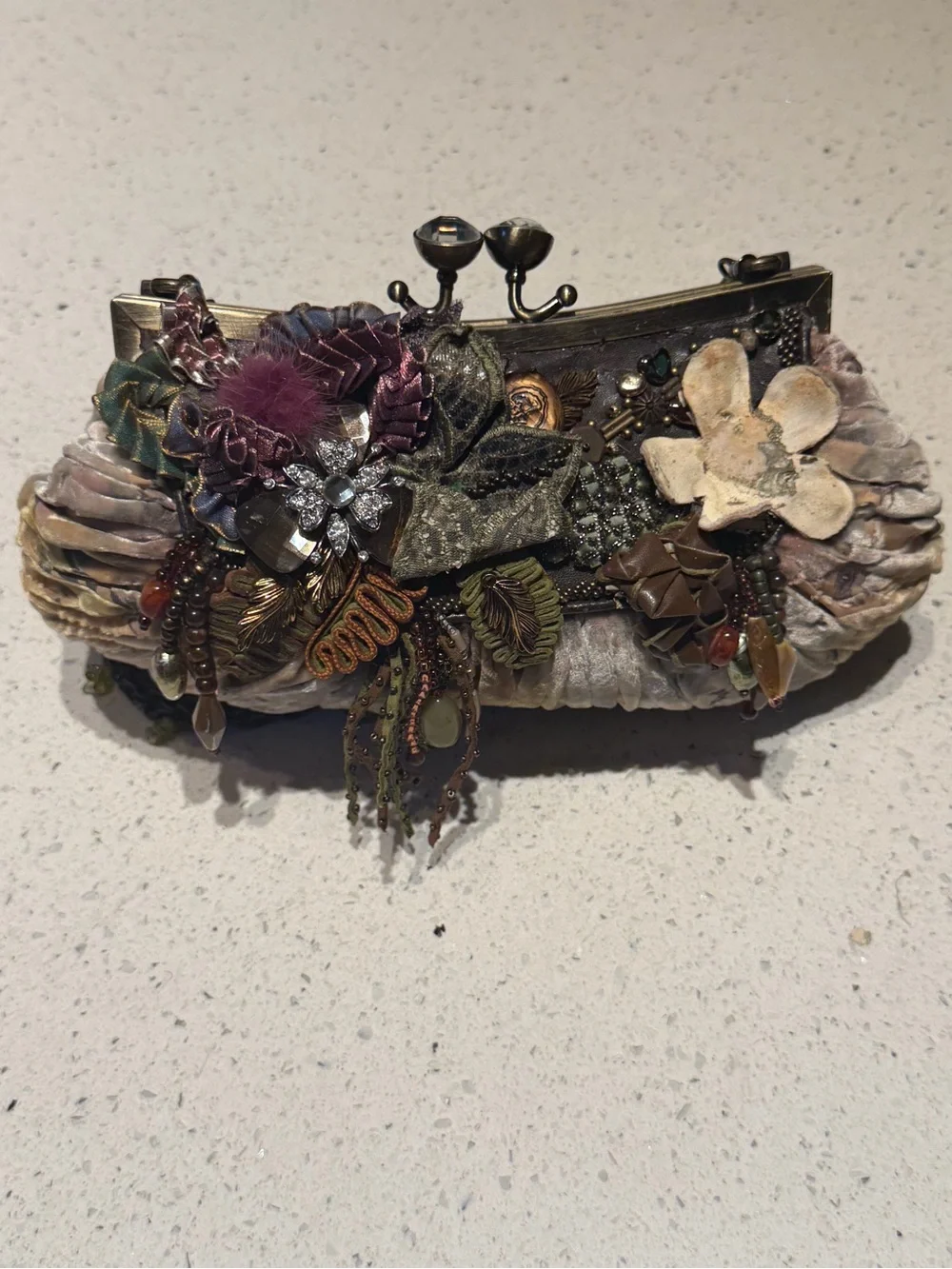 Mary Frances Olive Multi Ruffled Beaded Velvet Clutch